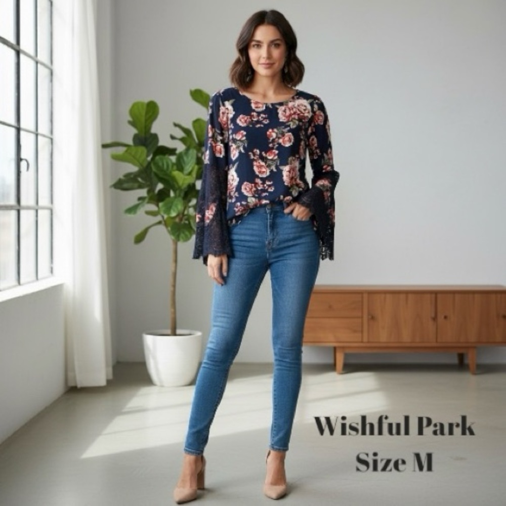 Wishful Park Blouse Navy Rose Print Lace Detail Bell Sleeve Boho WhimsyGoth - M